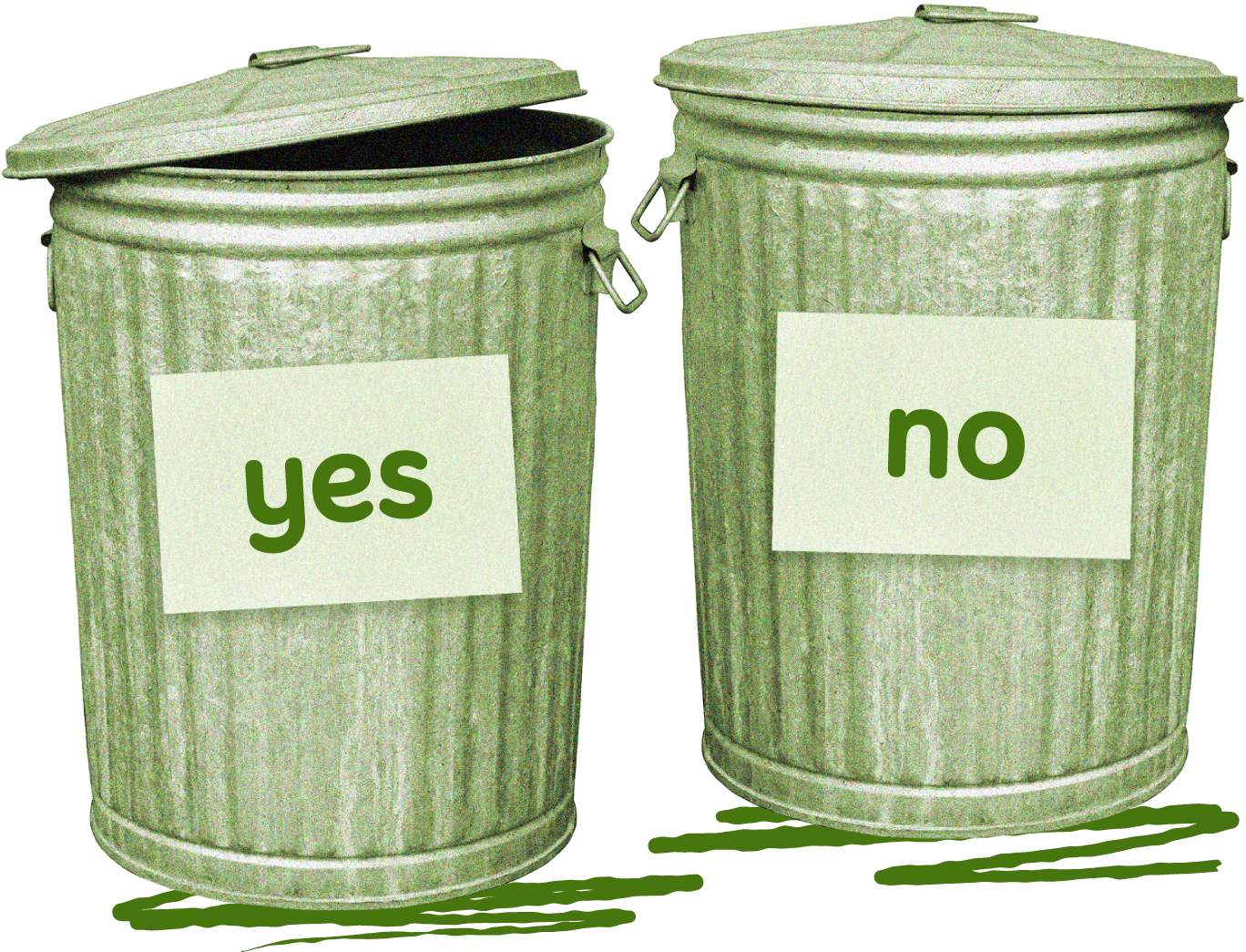 Two trash cans with "yes" and "no" on them. One lid is open.