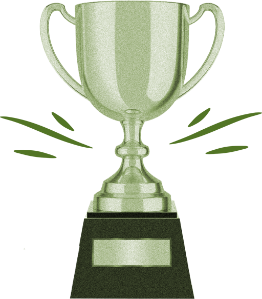 Silver trophy with a black base, and green accents.
