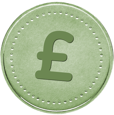 Green pound coin with textured surface and embossed border.