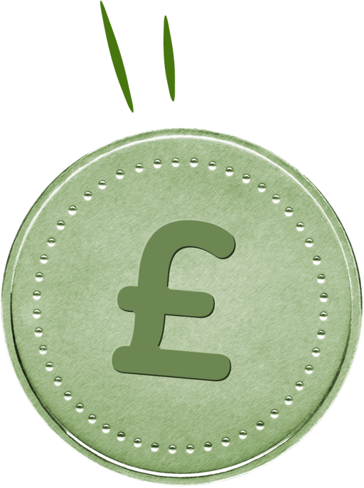 Green pound coin with textured surface and embossed border.
