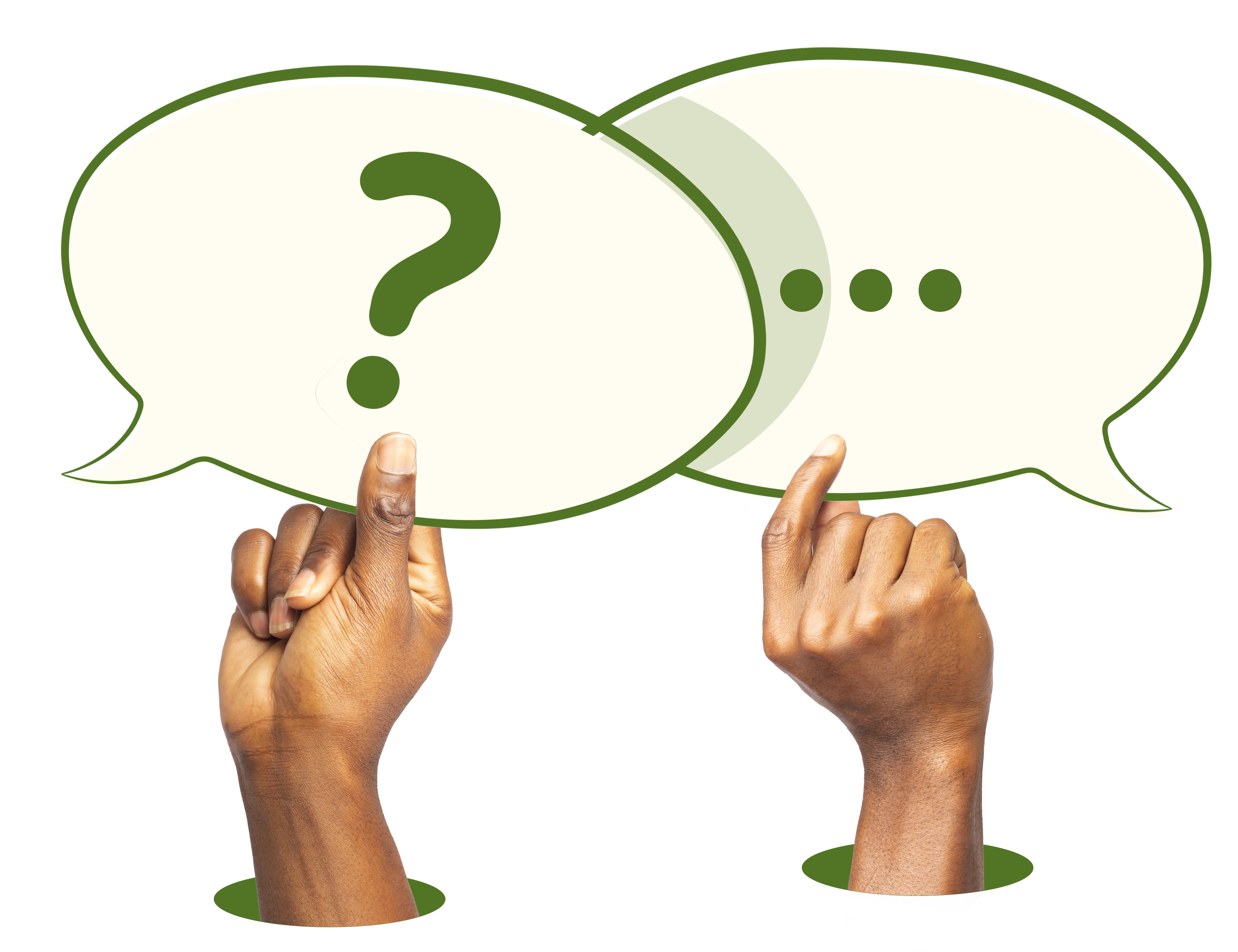 Hands point to speech bubbles with question mark and dots, suggesting conversation.