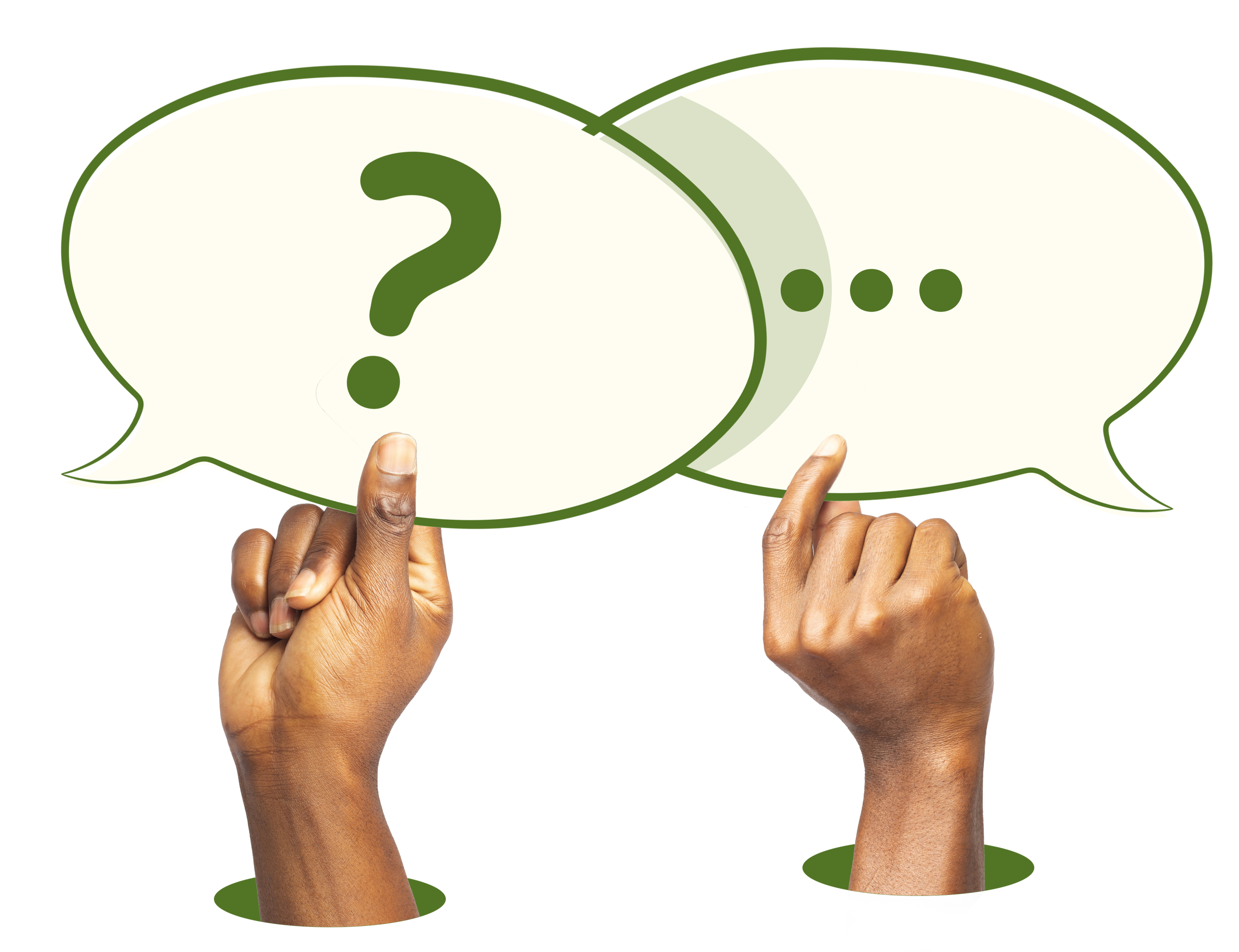 Hands point to speech bubbles with question mark and dots, suggesting conversation.