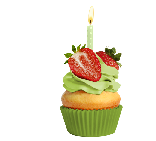 Cupcake with green frosting, strawberries, and candle.