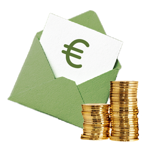 Euro symbol on a letter in an envelope with stacks of coins.