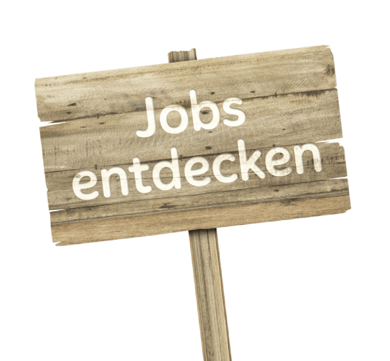 Wooden sign with "Jobs entdecken" written on it.