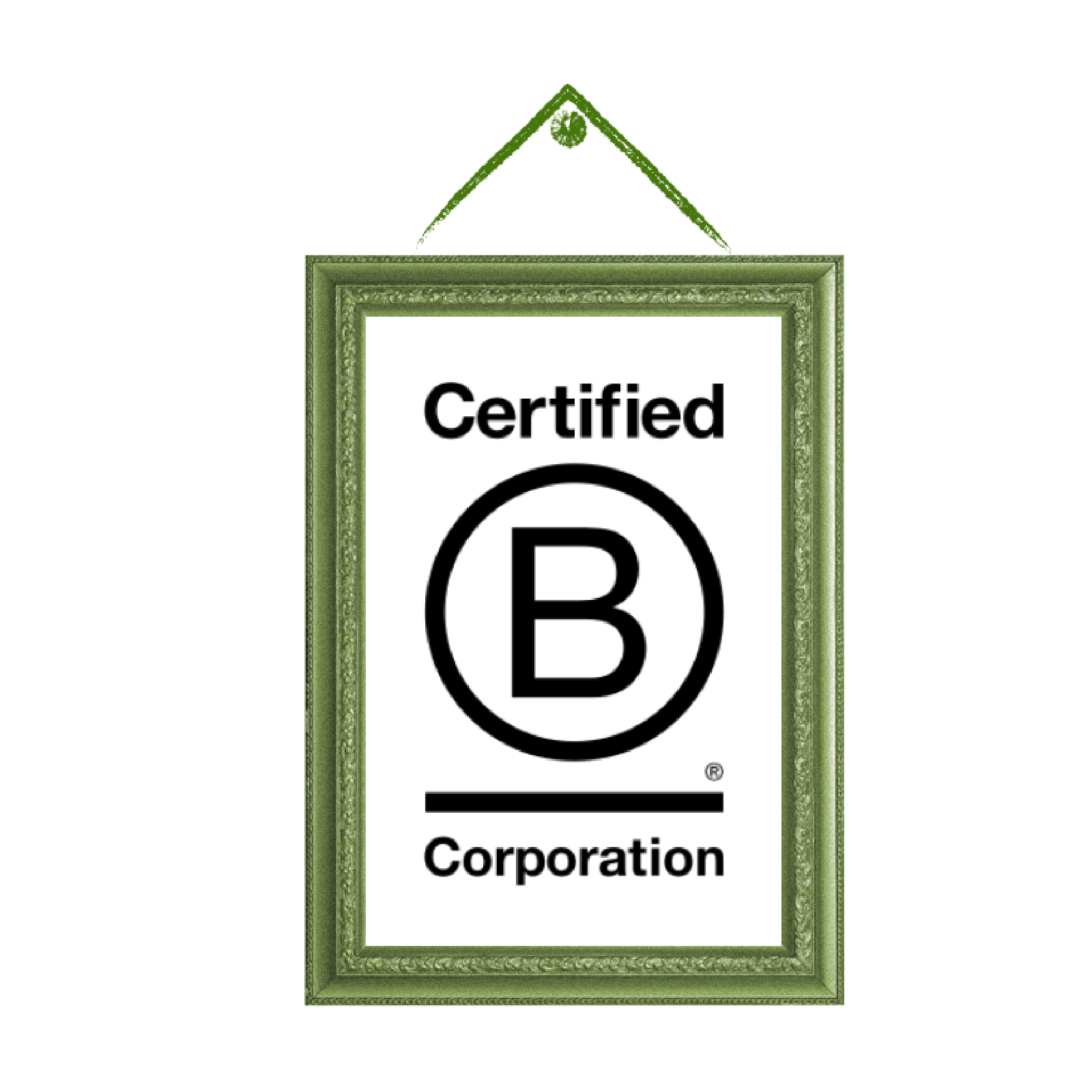 A green framed badge with "Certified B Corporation" text and a "B" logo. It hangs by a green string with a small leaf design.