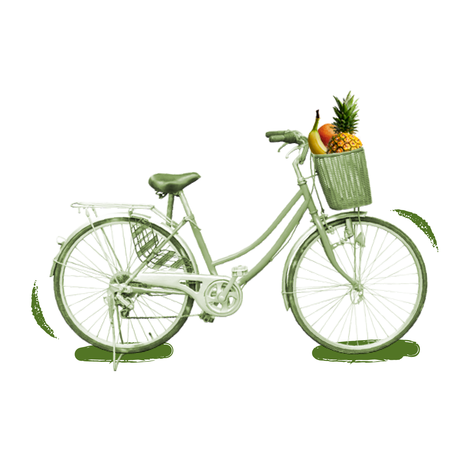 A pale green bicycle with a basket full of pineapple, banana, and orange.