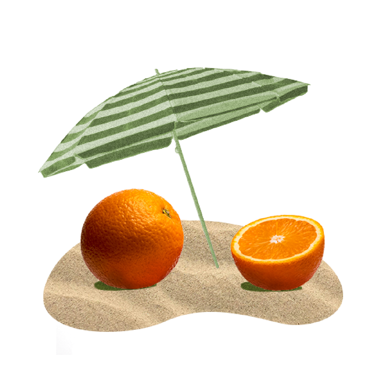 A whole and a halved orange sit on sand under a green striped umbrella.