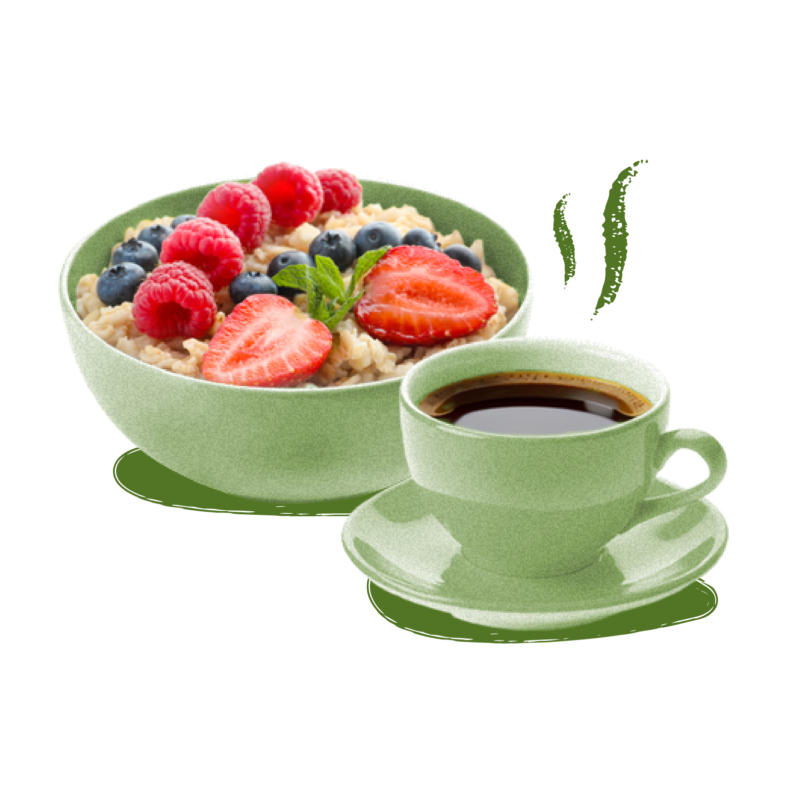 Oatmeal with berries and a cup of coffee, steam rising from the coffee.