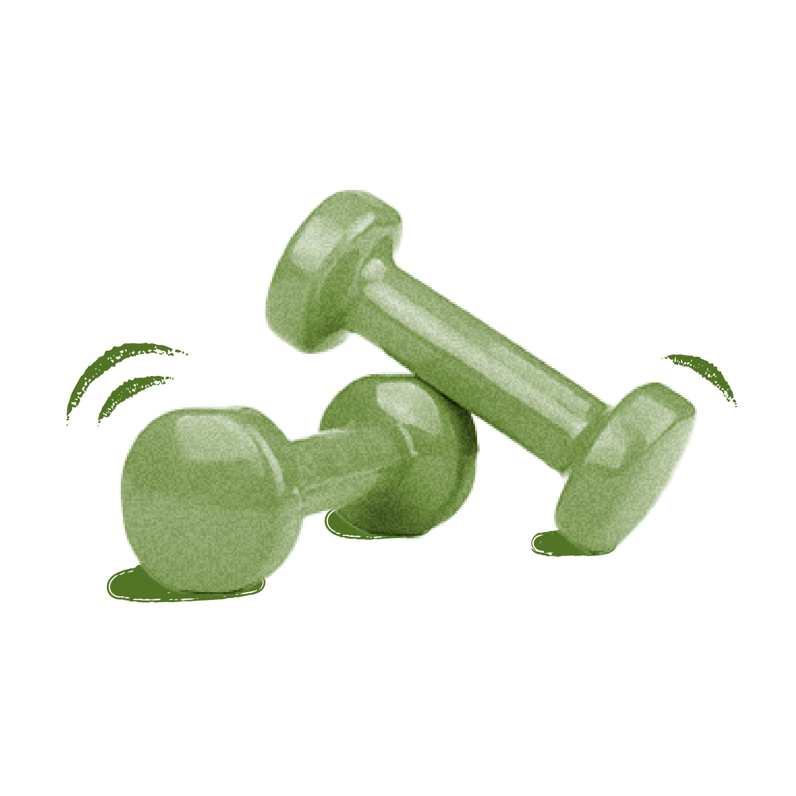 Two green dumbbells with a textured finish, one resting on the other, suggesting a gym or workout setting.