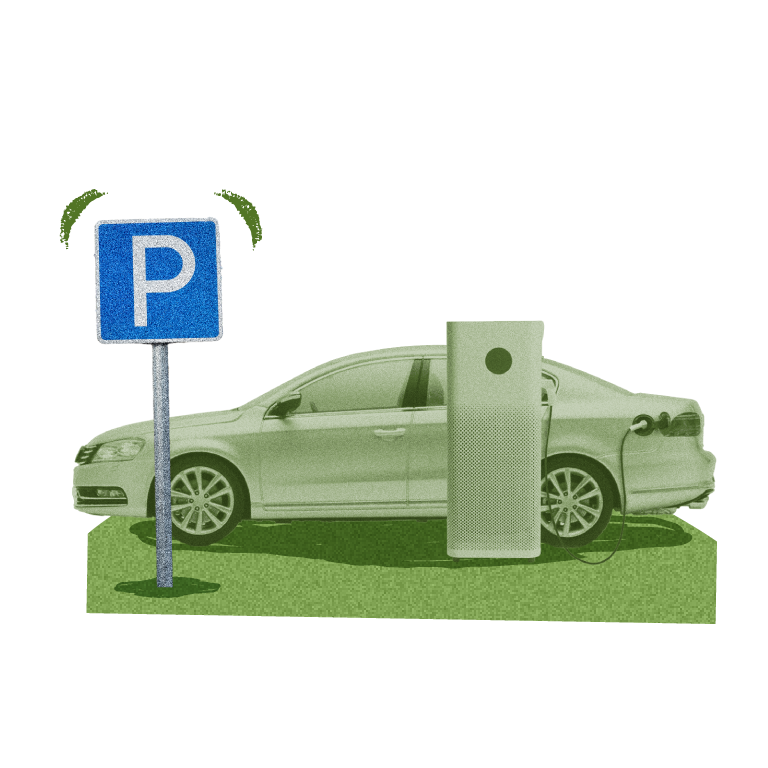 A car is plugged into a charging station next to a parking sign on a patch of grass.