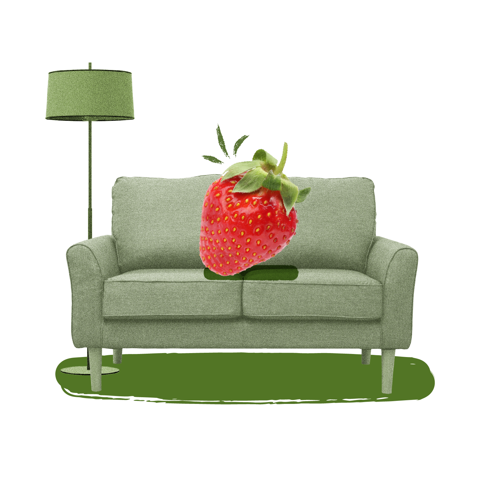 A green sofa with a large strawberry on top, next to a green floor lamp.