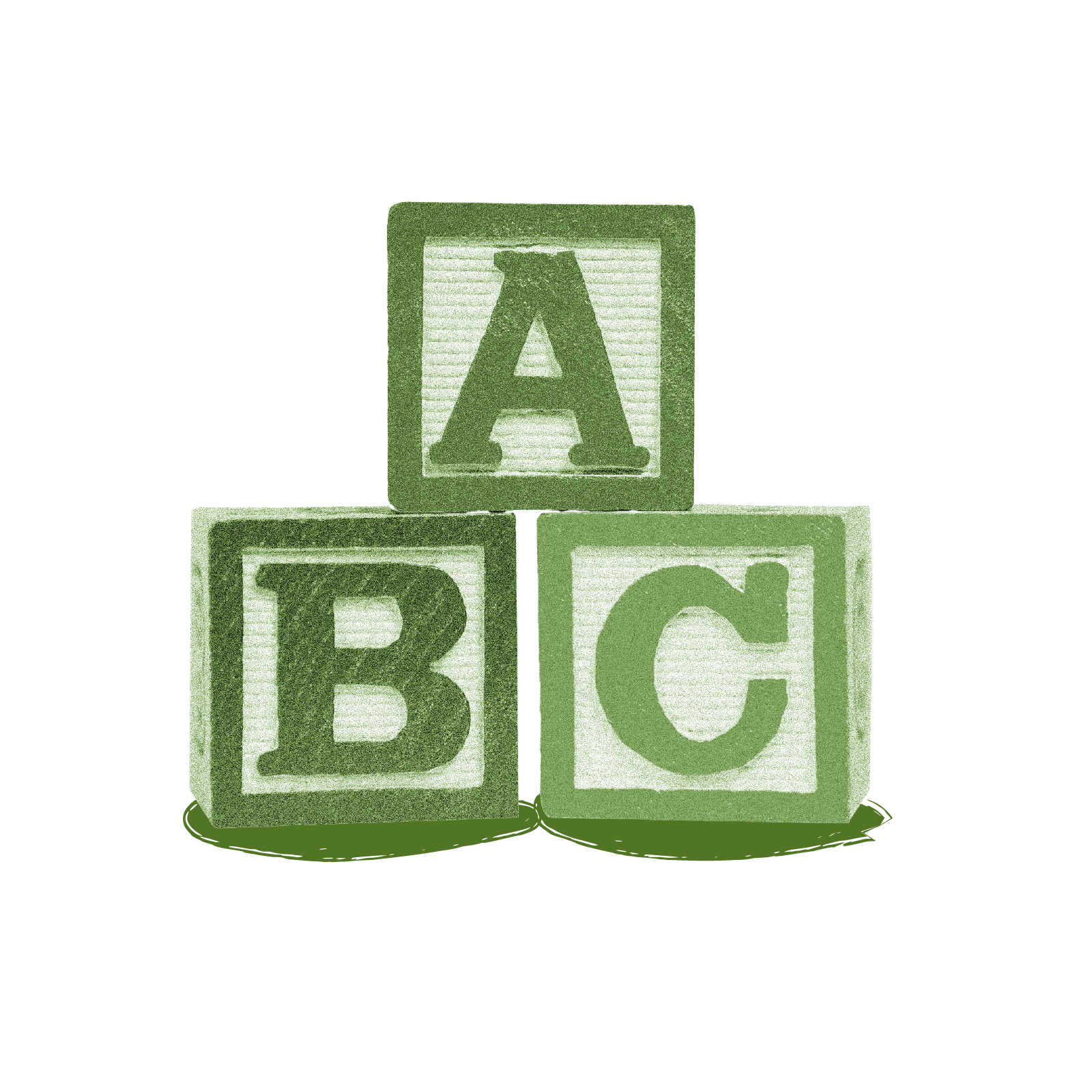 Three green toy blocks stacked to spell "ABC".