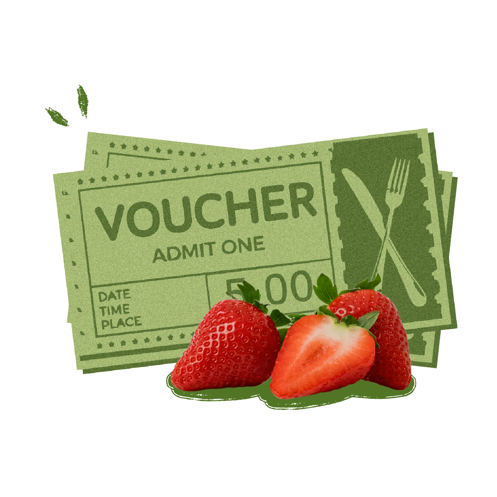 Three strawberries and two green vouchers, one with "VOUCHER" and "ADMIT ONE" printed on it.