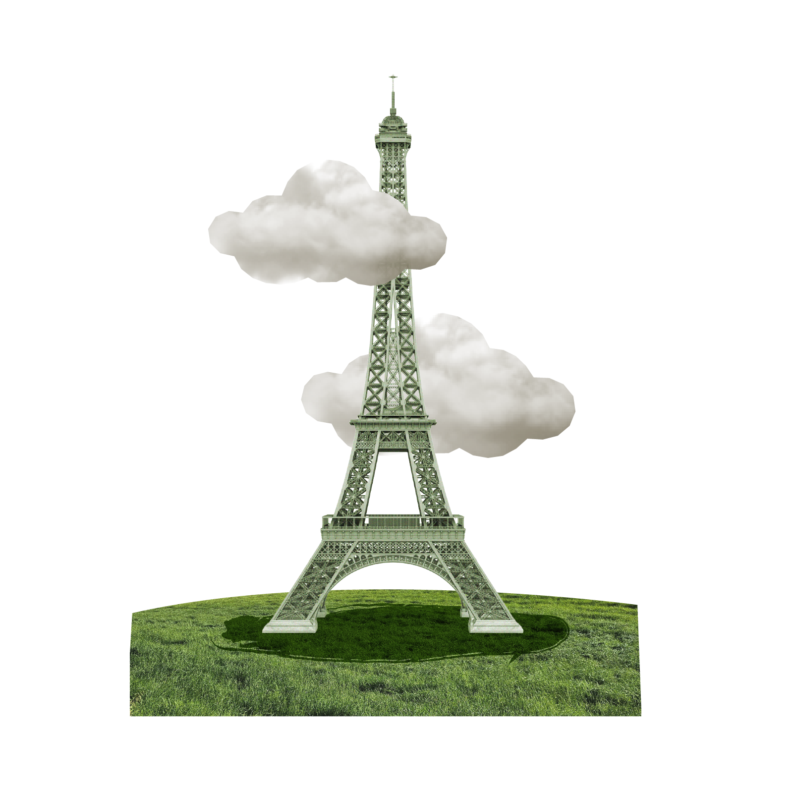 A green Eiffel Tower stands on a grassy mound with two fluffy clouds partially obscuring it against a white background.