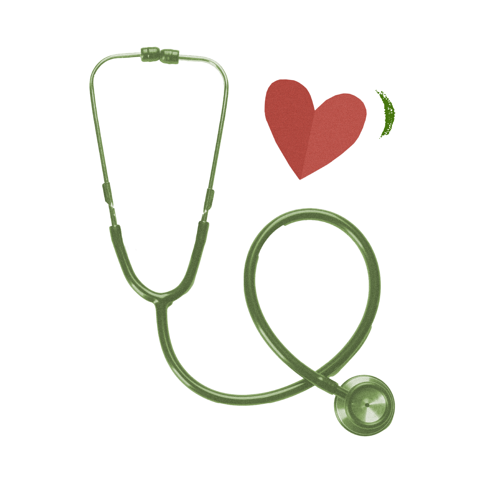 A green stethoscope is positioned next to a red heart and a green, abstract shape, symbolizing healthcare and love.