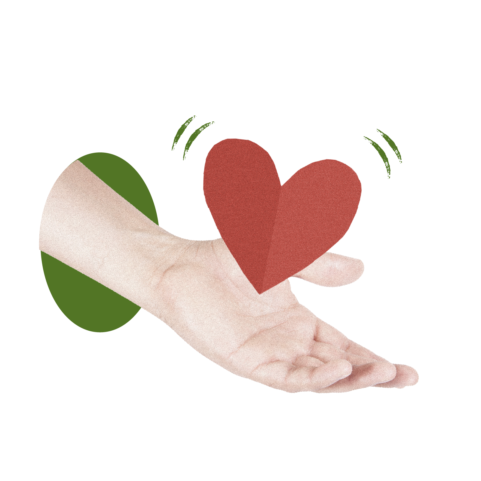 A hand emerges from a green circle offering a red heart. Green lines suggest the heart is vibrating.