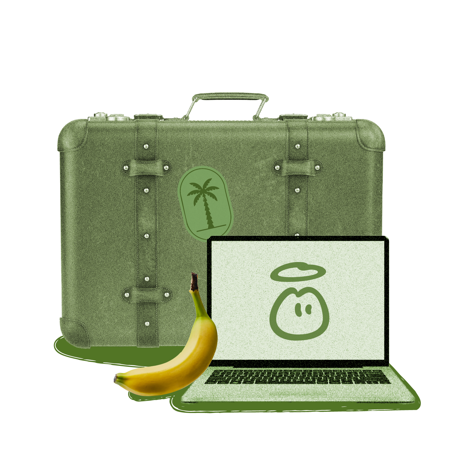 Green suitcase with palm tree sticker, laptop with smiley face icon, and a banana.